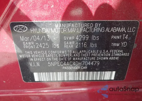 2013 Hyundai Sonata Limited из США, поврежденный, VIN 5NPEC4AC4DH704479